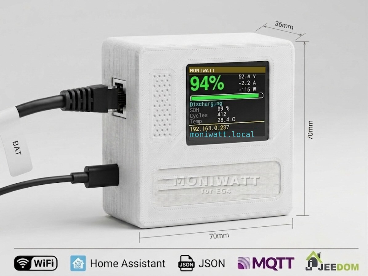MoniWatt for EG4 box with colour screen showing state of charge, voltage and current of an EG4 battery bank